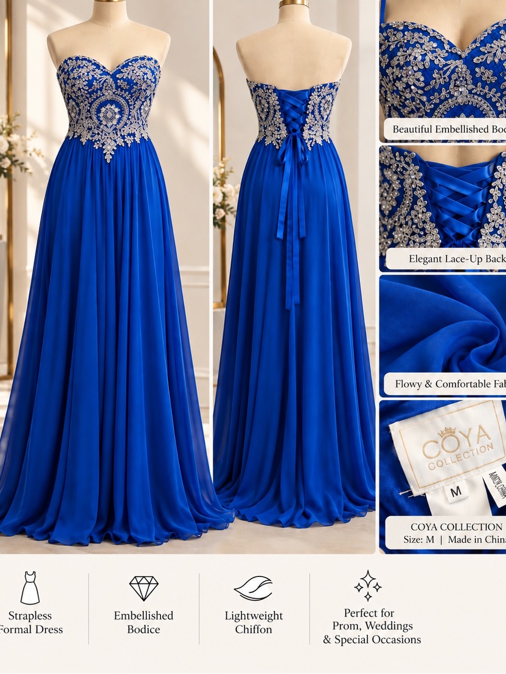 Coya Collection Strapless Embellished Royal Blue Evening Dress